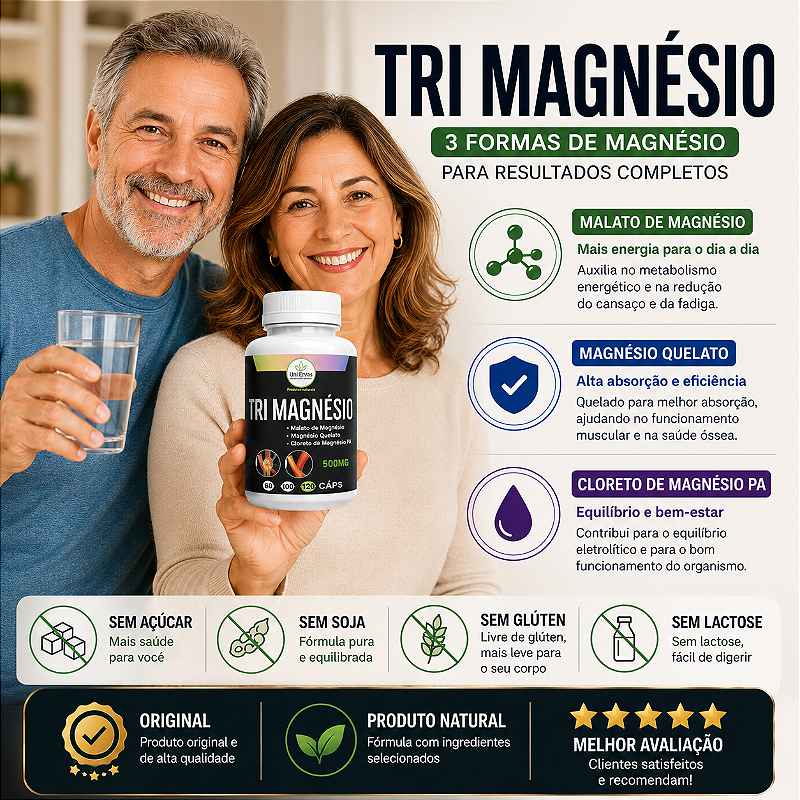 Tri Magnésio - Malato, Quelato e Cloreto PA - 3 Tipos de Magnésio Alta Absorção - 120 Cápsulas