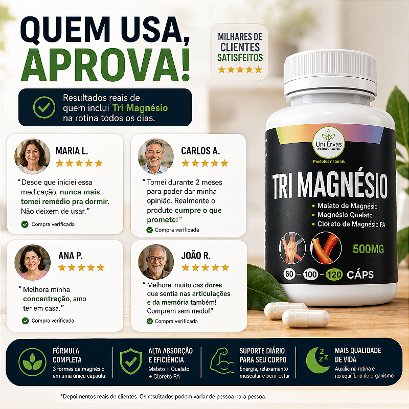 Tri Magnésio - Malato, Quelato e Cloreto PA - 3 Tipos de Magnésio Alta Absorção - 120 Cápsulas