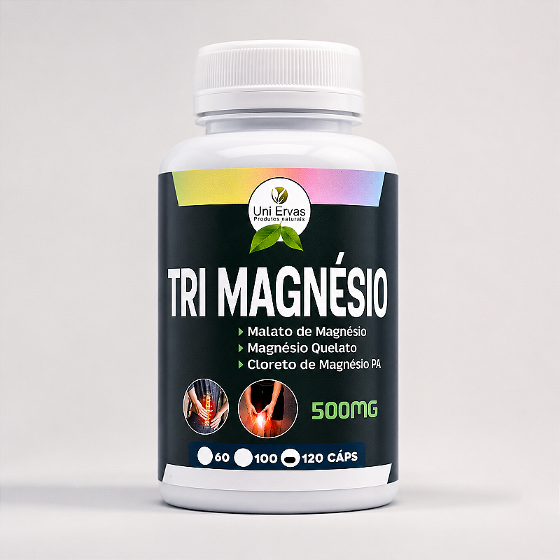Tri Magnésio - Malato, Quelato e Cloreto PA - 3 Tipos de Magnésio Alta Absorção - 120 Cápsulas