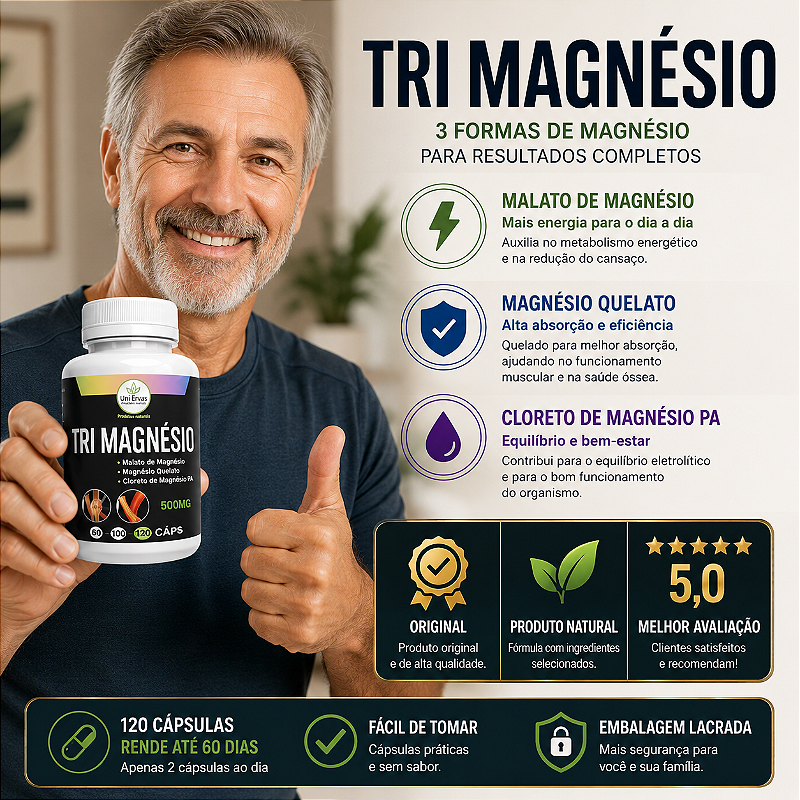 Tri Magnésio - Malato, Quelato e Cloreto PA - 3 Tipos de Magnésio Alta Absorção - 120 Cápsulas