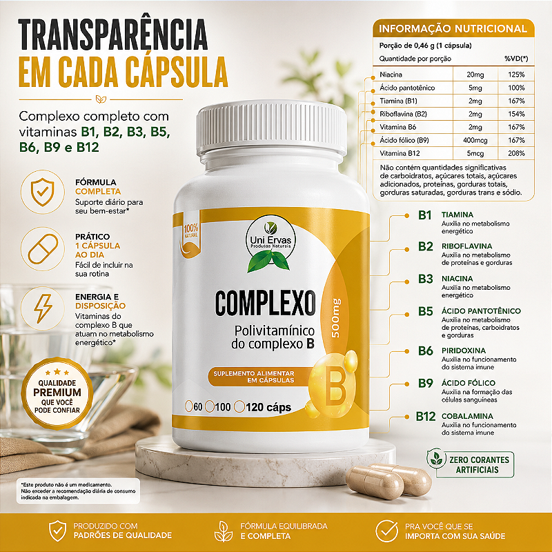 Complexo B 500 Mg Polivitamínico Uni Ervas 120 Cápsulas Vitaminas B1 B2 B3 B5 B6 B9 B12