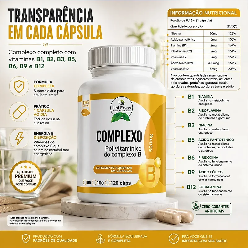 Complexo B 500 Mg Polivitamínico Uni Ervas 120 Cápsulas Vitaminas B1 B2 B3 B5 B6 B9 B12