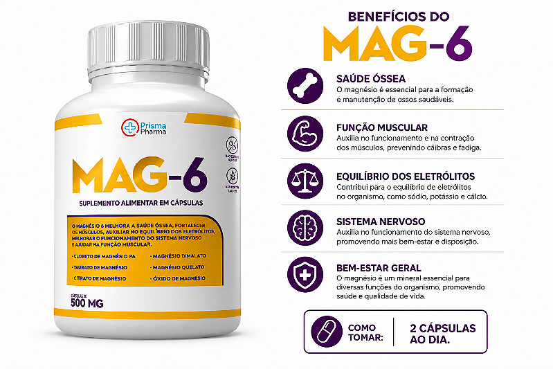 Mag6 - 6 Tipos de Magnésio Concentrado - 60 Capsulas