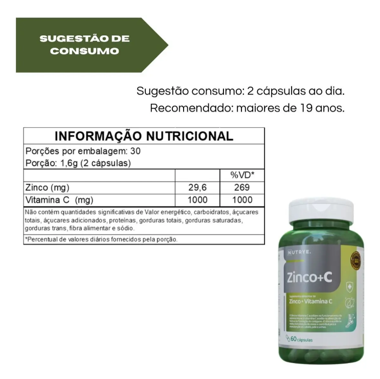 Vitamina C e Zinco Nutrye 1000mg 60 Cápsulas Sem Glúten Suplemento