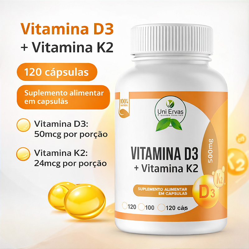Vitamina D3 + Vitamina K2 Uni Ervas 120 Cápsulas Suplemento Alimentar Premium