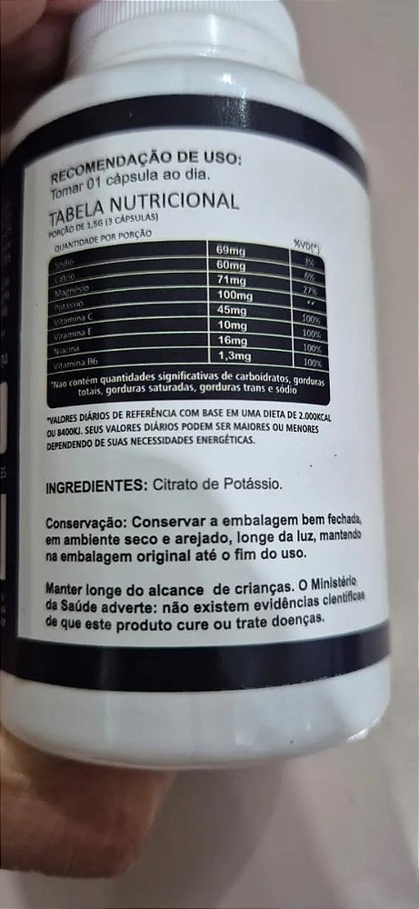 Citrato de Potássio 500 Mg 120 Capsulas Sem Sabor