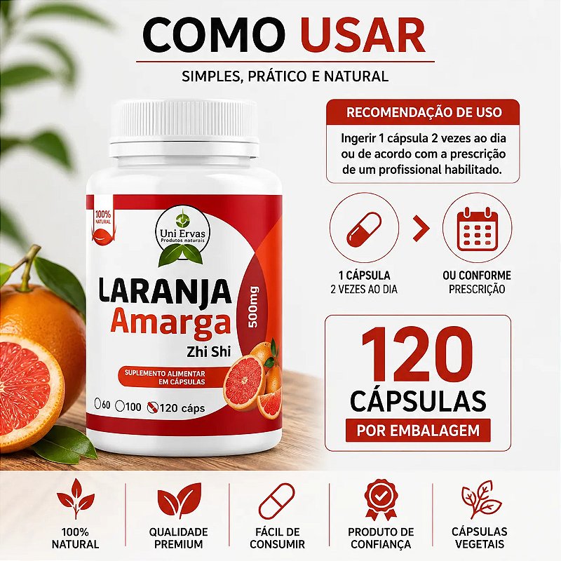 Laranja Amarga Zhi Shi 120 Cápsulas 500mg Sem Sabor