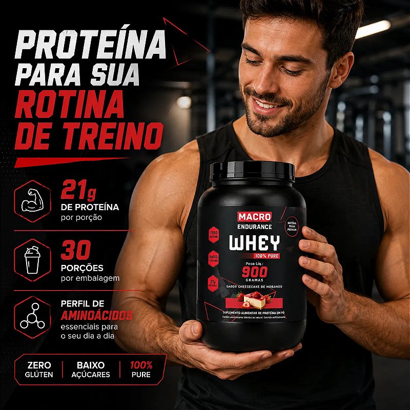 Whey Protein 100% Pure 900g Sabor Cheesecake De Morango Morango
