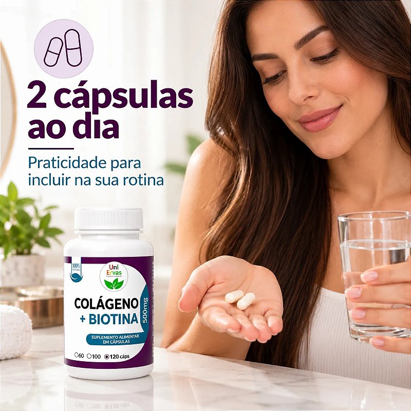 Biotina + Colageno Tipo 2 Suplemento 100% Natural 120 Caps Sem Sabor