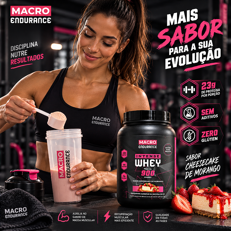 Whey Protein Intense 900g Sabor Cheesecake de Morango