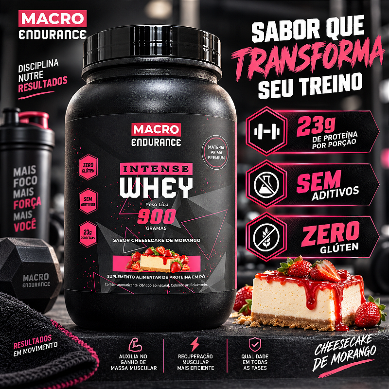Whey Protein Intense 900g Sabor Cheesecake de Morango