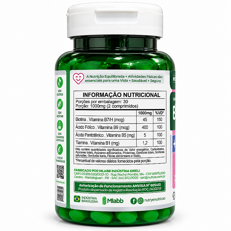 Suplemento de Biotina + Vitamina B1 + Vitamina B5 + Ácido Fólico . 60 Comp