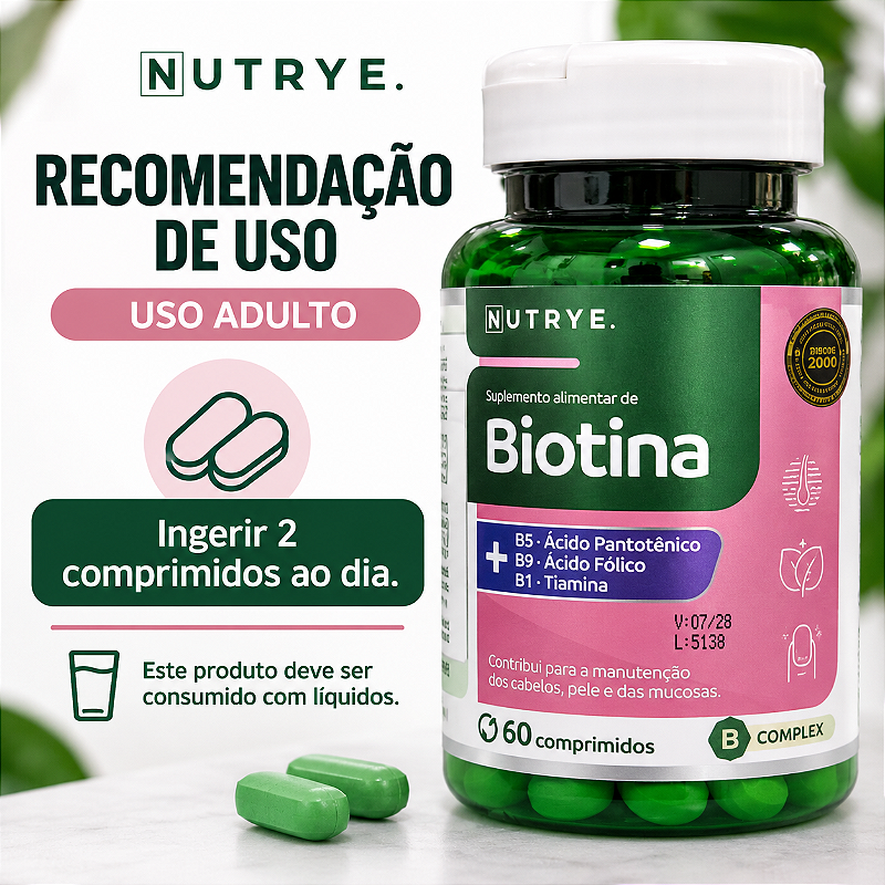 Suplemento de Biotina + Vitamina B1 + Vitamina B5 + Ácido Fólico . 60 Comp