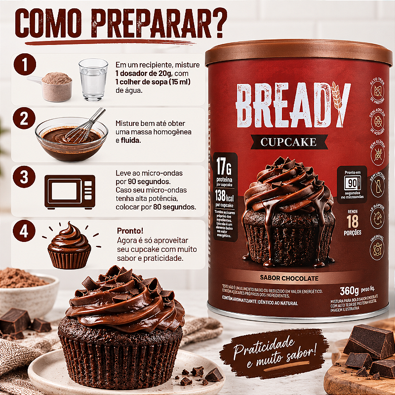 Bready Cupcake Chocolate - 17g Proteina 5g Fibra - 18 Doses