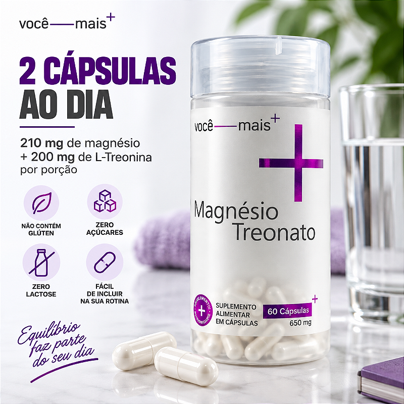 Magnésio Treonato 650mg 60 Cápsulas . VOCE MAIS