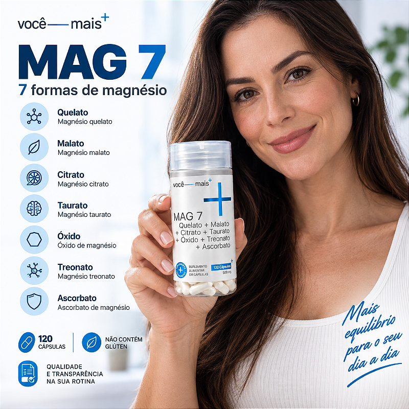 Sete Magnésio 7 Fontes 500mg 120 Cápsulas Quelato Malato Treonato Taurato Citrato Ascorbato Óxido