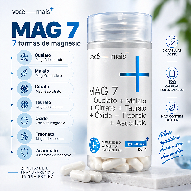 Sete Magnésio 7 Fontes 500mg 120 Cápsulas Quelato Malato Treonato Taurato Citrato Ascorbato Óxido