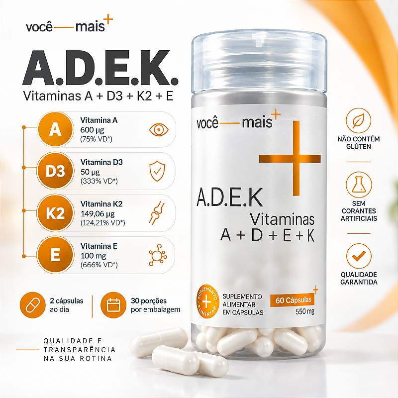 ADEK Vitaminas A, D, E, K 550mg 60 Cápsulas . VOCE MAIS