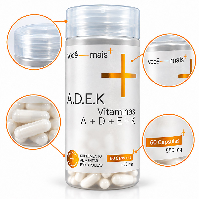 ADEK Vitaminas A, D, E, K 550mg 60 Cápsulas . VOCE MAIS