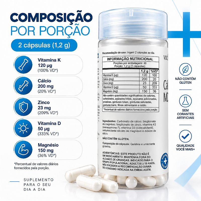 Cálcio MDK + Magnésio + Vitaminas D e K2 + Zinco 60 Cápsulas
