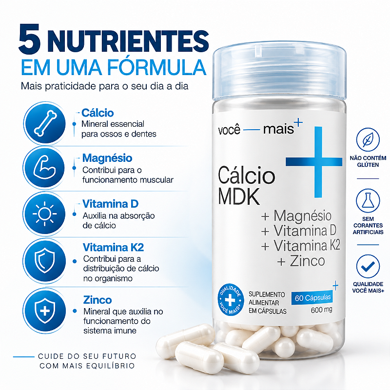 Cálcio MDK + Magnésio + Vitaminas D e K2 + Zinco 60 Cápsulas