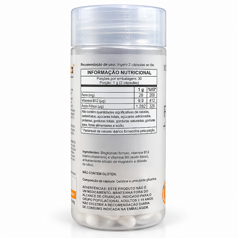 Ferro + Ácido Fólico + B12 500mg 60 Cápsulas