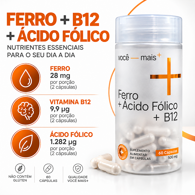 Ferro + Ácido Fólico + B12 500mg 60 Cápsulas