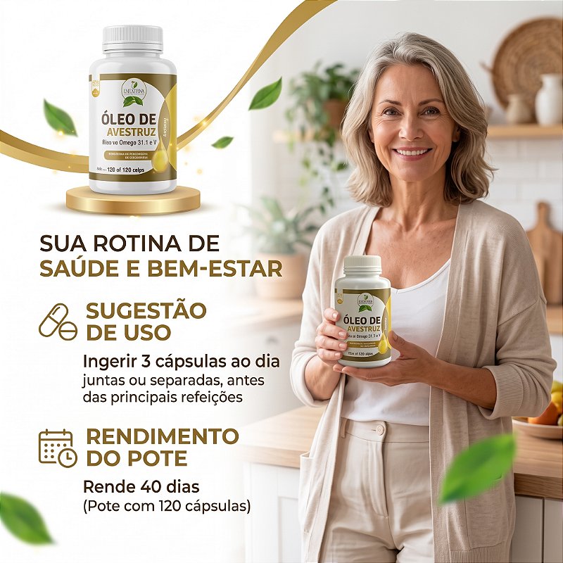 Óleo de Avestruz Natural 120 Cáps 500mg Rico em Ômegas 3, 6, 7 e 9