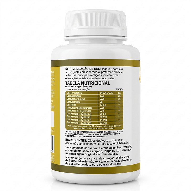 Óleo de Avestruz Natural 120 Cáps 500mg Rico em Ômegas 3, 6, 7 e 9