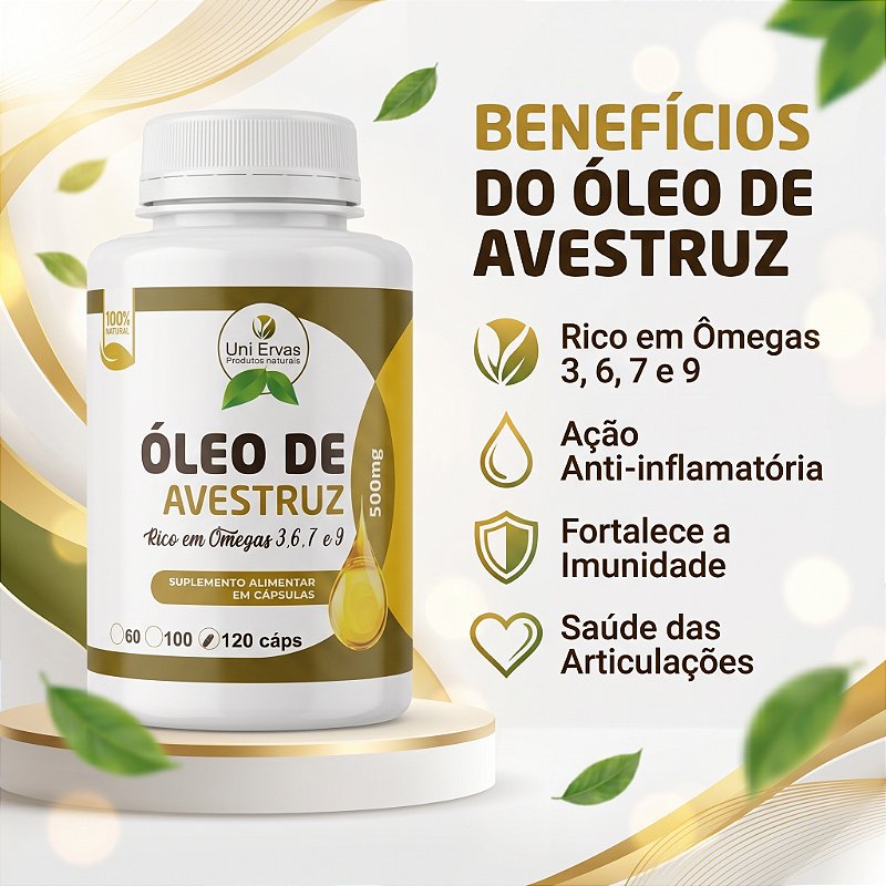 Óleo de Avestruz Natural 120 Cáps 500mg Rico em Ômegas 3, 6, 7 e 9