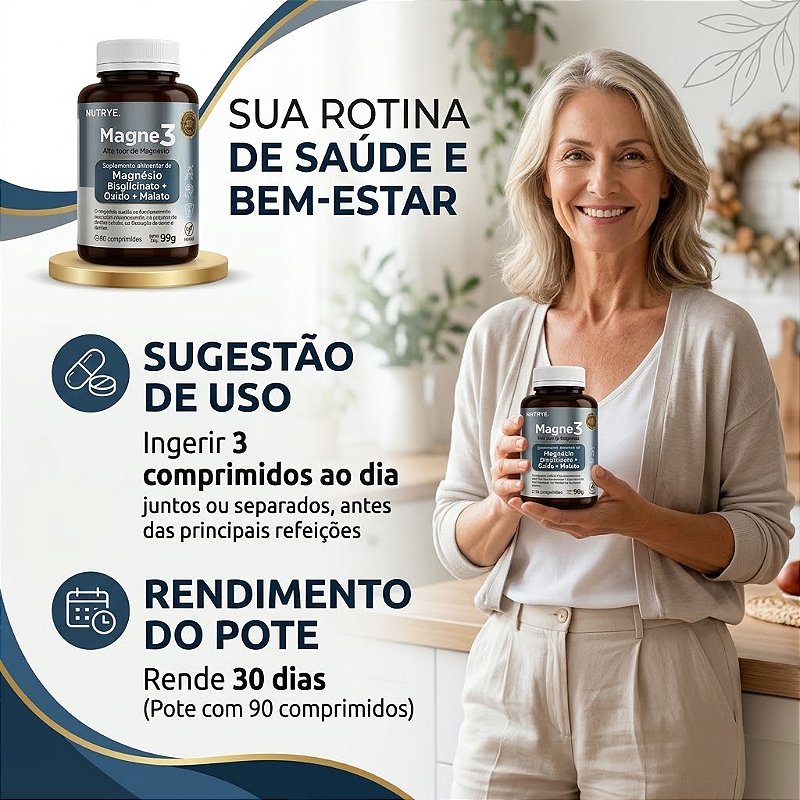 Magne3 Magnesio Bisglicinato + Oxido + Malato 90 Comprimidos - Nutrye