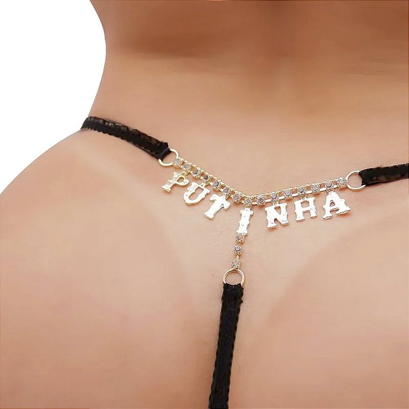 Calcinha Fio Dental Renda Preta Palavras Strass - PUTINHA