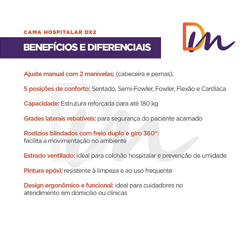 Cama Hospitalar 2 Movimentos Manual Até 180kg DX2 - Dellamed