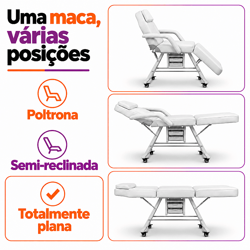 Maca Poltrona Fixa Estética Reclinável Branca Com 2 Bandejas - Akmed
