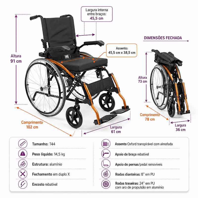 Cadeira de Rodas Manual Dobrável D600 Pop Suporta Até 120 kg - Dellamed