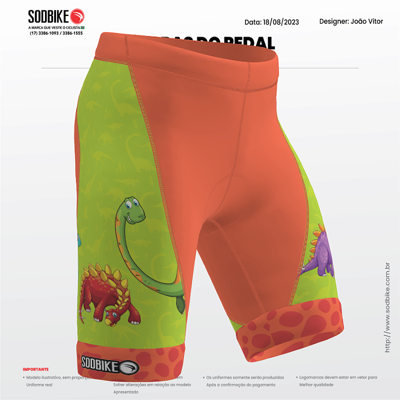 BERMUDA CICLISMO INFANTIL SÓDBIKE, PROTEÇÃO SOLAR 30, FORRO GEL E ESPUMA MISTO, DINO