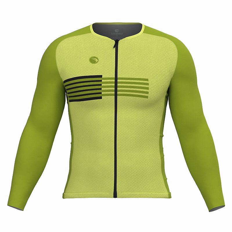 CAMISA CICLISMO UNISSEX PERFORMANCE SÓDBIKE, MANGA LONGA, ZIPER FULL, CORTE LASER, VERDE CLARO