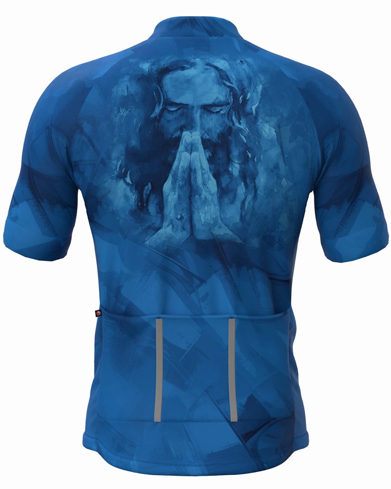 CAMISA CICLISMO MASCULINA SÓDBIKE, PROTEÇÃO SOLAR 20, ZIPER FULL, JESUS AZUL
