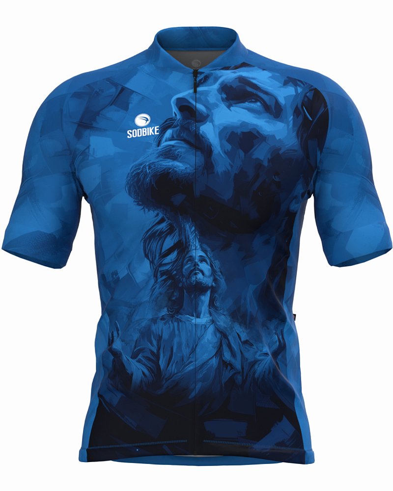 CAMISA CICLISMO MASCULINA SÓDBIKE, PROTEÇÃO SOLAR 20, ZIPER FULL, JESUS AZUL