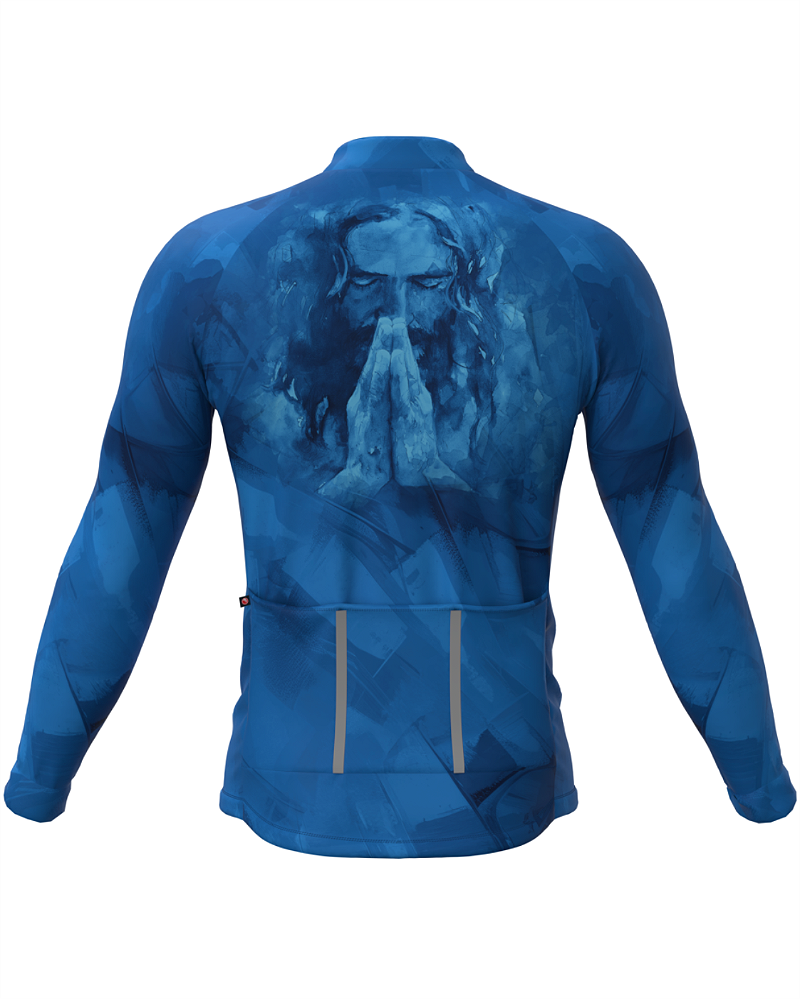 CAMISA CICLISMO MASCULINA SÓDBIKE, ZIPER FULL, JESUS AZUL LONGA