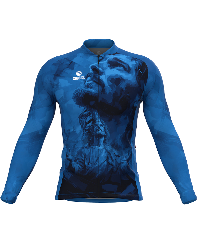 CAMISA CICLISMO MASCULINA SÓDBIKE, ZIPER FULL, JESUS AZUL LONGA