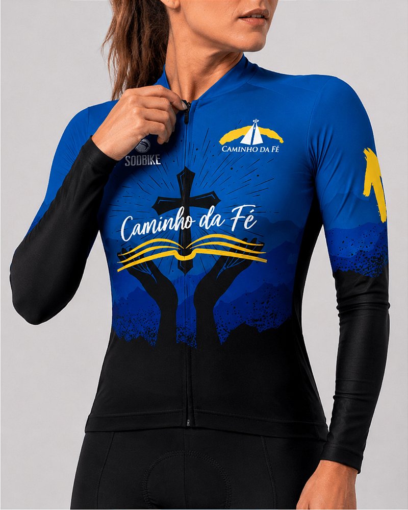 CAMISA CICLISMO FEMININA SÓDBIKE, ZIPER FULL, CAMINHO DA FÉ LONGA