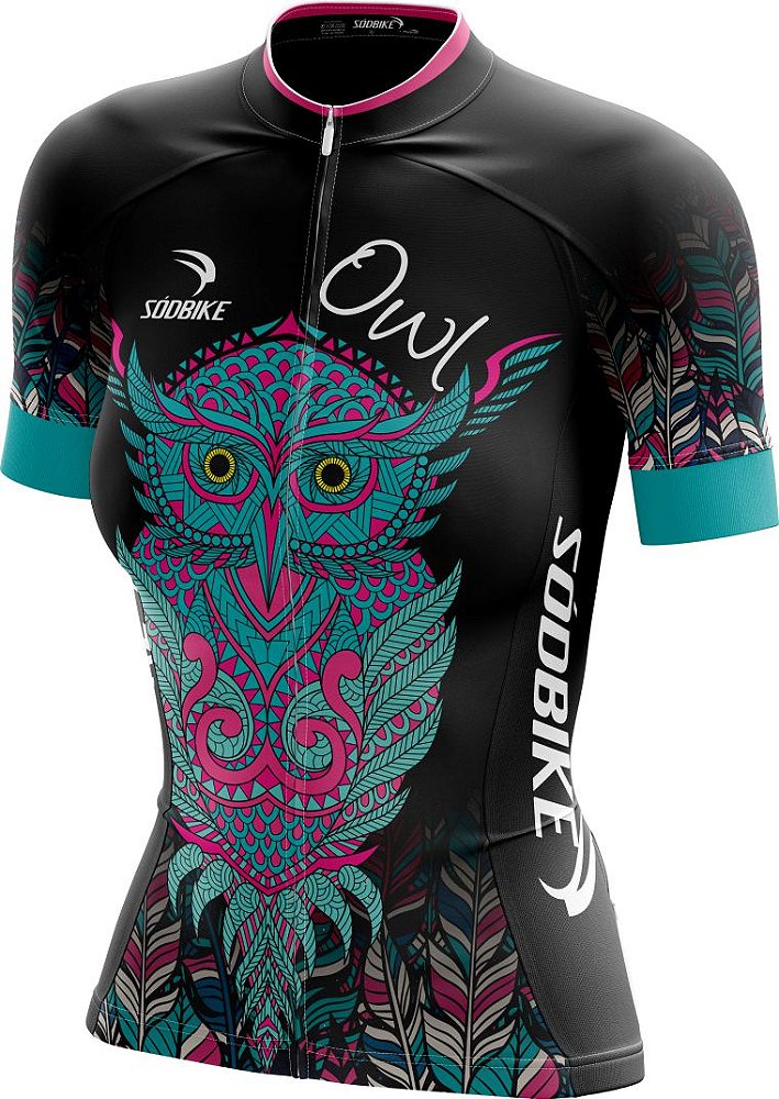 CAMISA CICLISMO FEMININA SÓDBIKE DRY, PROTEÇÃO SOLAR 20, ZIPER FULL, CORUJA PRETA