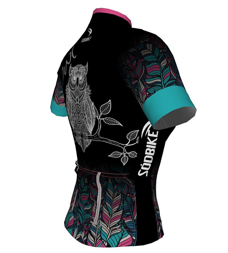CAMISA CICLISMO FEMININA SÓDBIKE DRY, PROTEÇÃO SOLAR 20, ZIPER CURTO, CORUJA PRETA