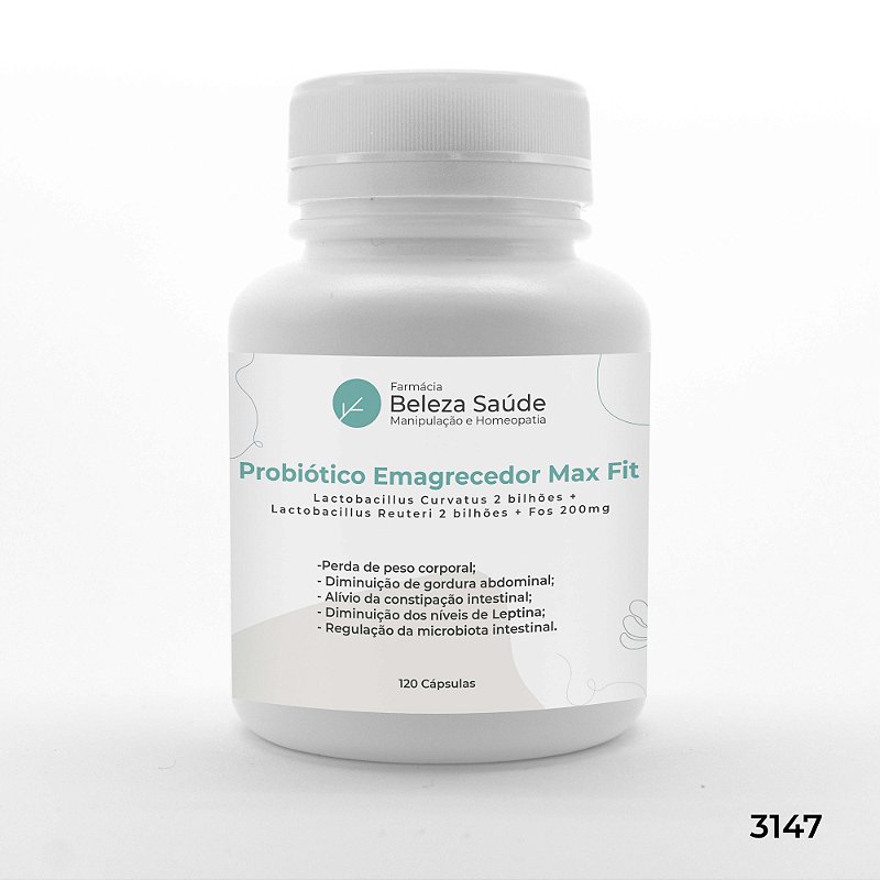 Probiótico Emagrecedor Max Fit : Lactobacillus Curvatus 2 bilhões + Lactobacillus Reuteri 2 bilhões + Fos 200mg - 120 Cápsulas