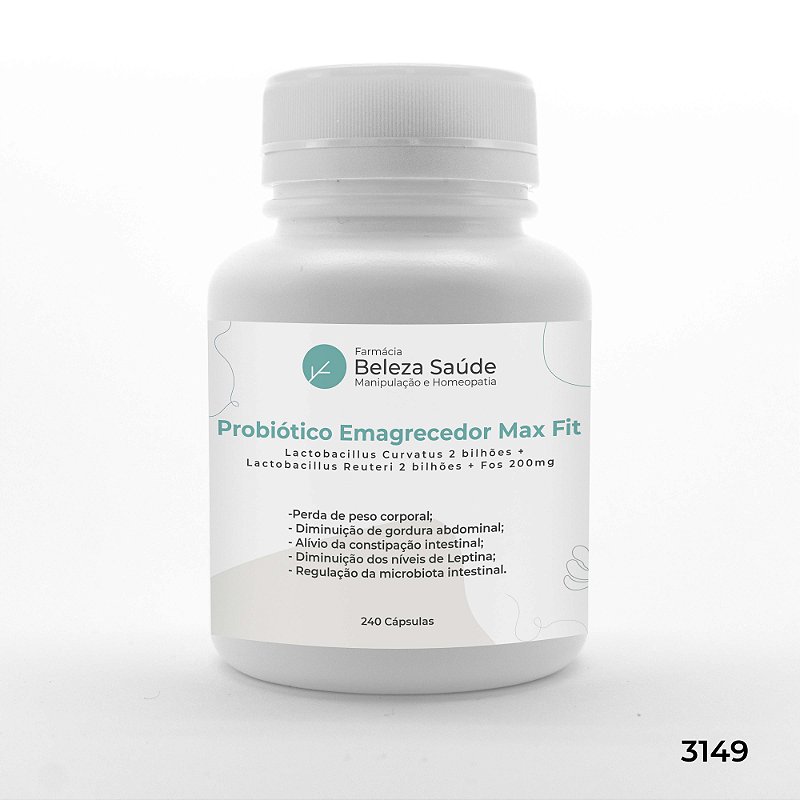 Probiótico Emagrecedor Max Fit : Lactobacillus Curvatus 2 bilhões + Lactobacillus Reuteri 2 bilhões + Fos 200mg - 60 Cápsulas