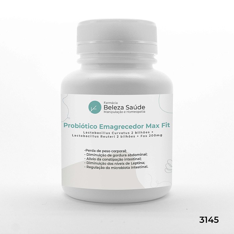Probiótico Emagrecedor Max Fit : Lactobacillus Curvatus 2 bilhões + Lactobacillus Reuteri 2 bilhões + Fos 200mg