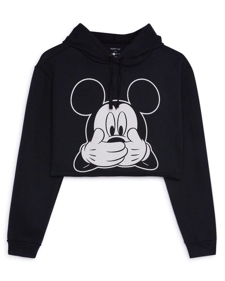 Blusa de Moletom Feminino Cropped com Capuz Mickey Mouse Preto MARCA