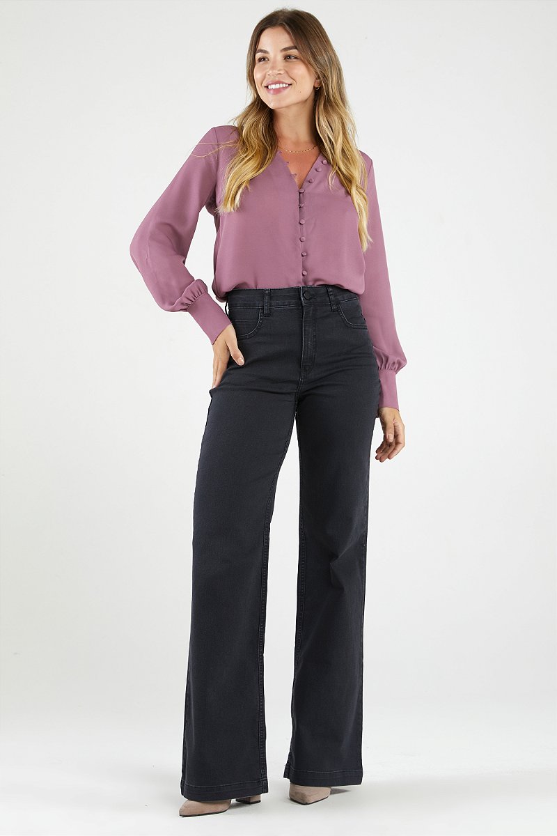 Calça Wide Leg Jeans Preta Estonada - Florença