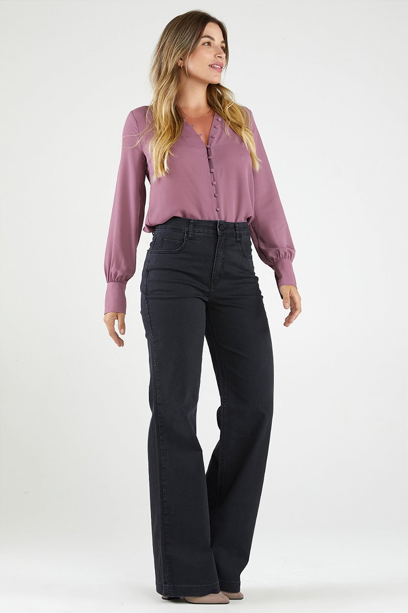 Calça Wide Leg Jeans Preta Estonada - Florença